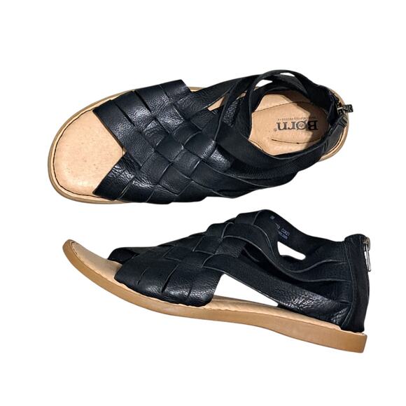 Born Shoes - Born Iwa Woven Moto Boho Leather Sandal Rubber Soles Size 9 Black